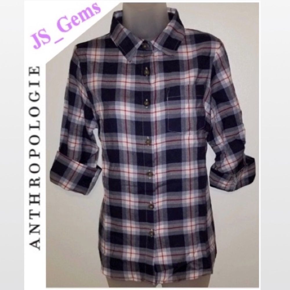 New Anthropologie Women's Small Plaid Boho Button Up Boutique Trend Top NWT